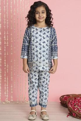 girls shraight style cotton fabric kurti and pyjama - blue