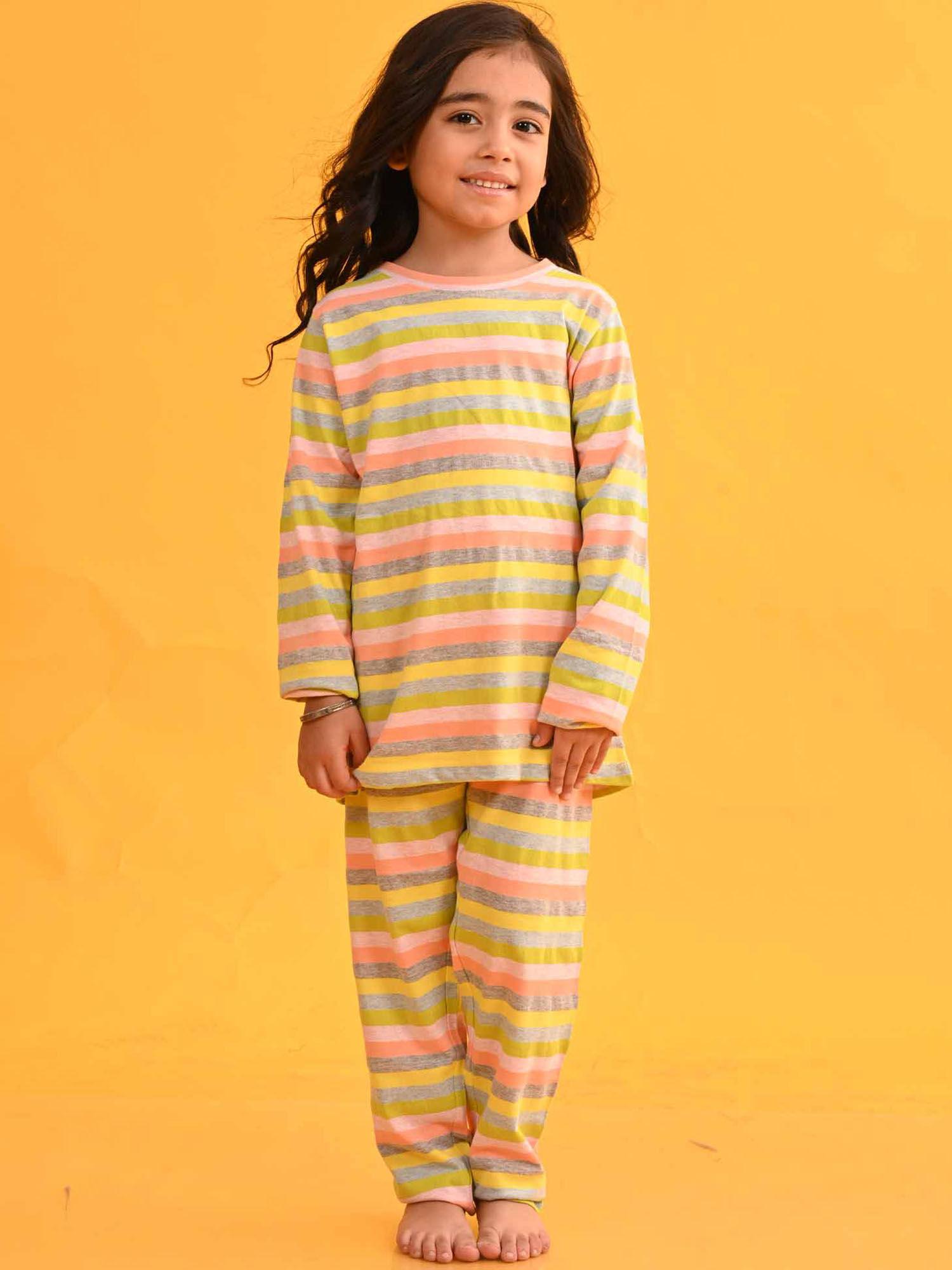 girls sky yellow lime pink striped long sleeves t-shirt pyjama (set of 2)