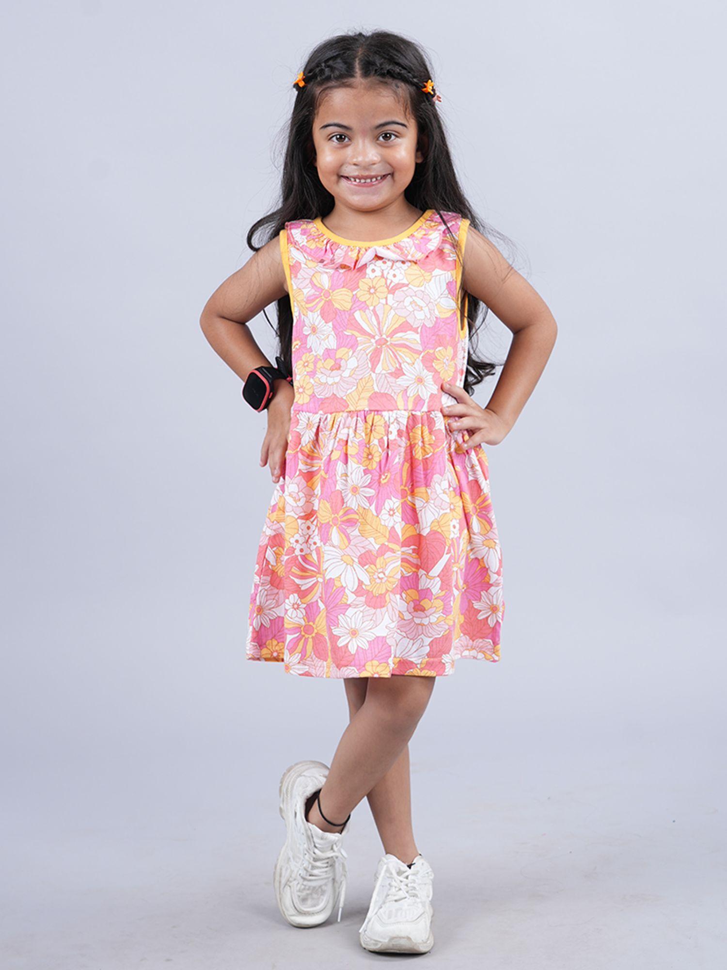 girls sleeveless dress with round neck frill multi-color