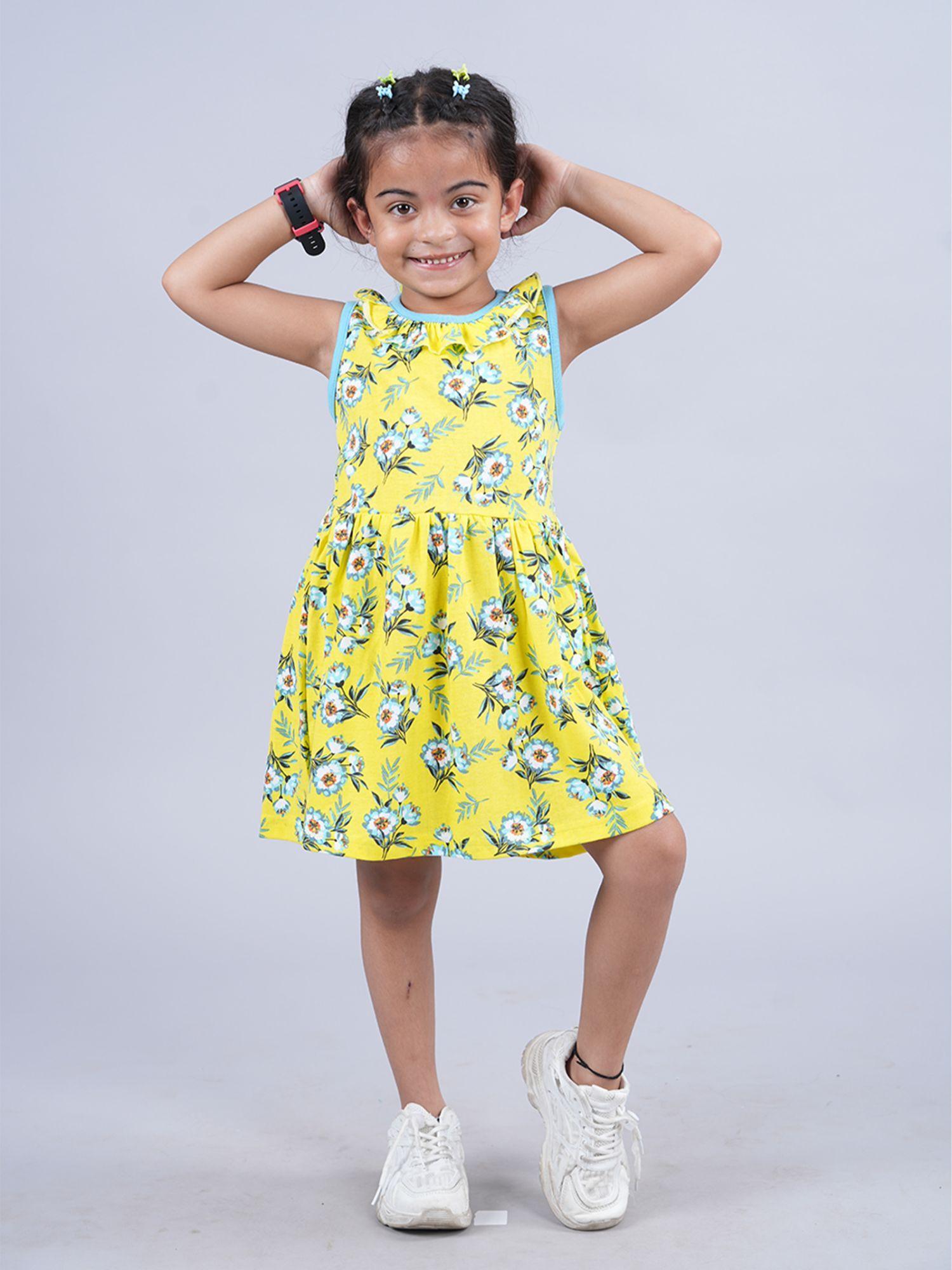 girls sleeveless dress with round neck frill yellow