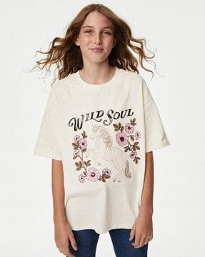 girls slogan print relaxed fit round-neck pure cotton t-shirt