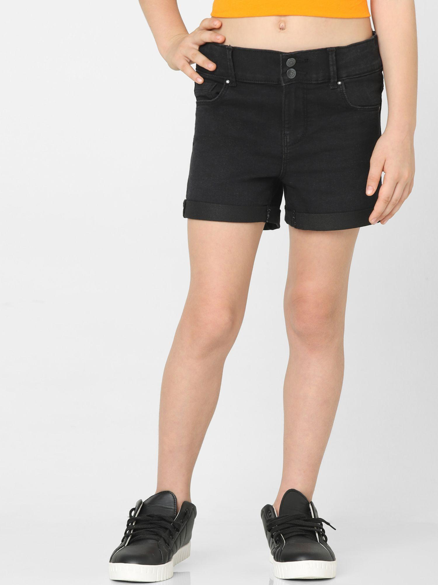 girls solid black shorts