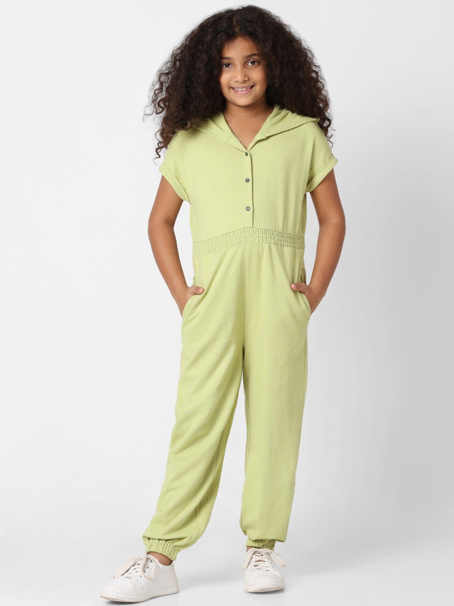 girls solid green jumpsuit