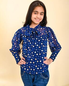 girls star print top with neck tie-up