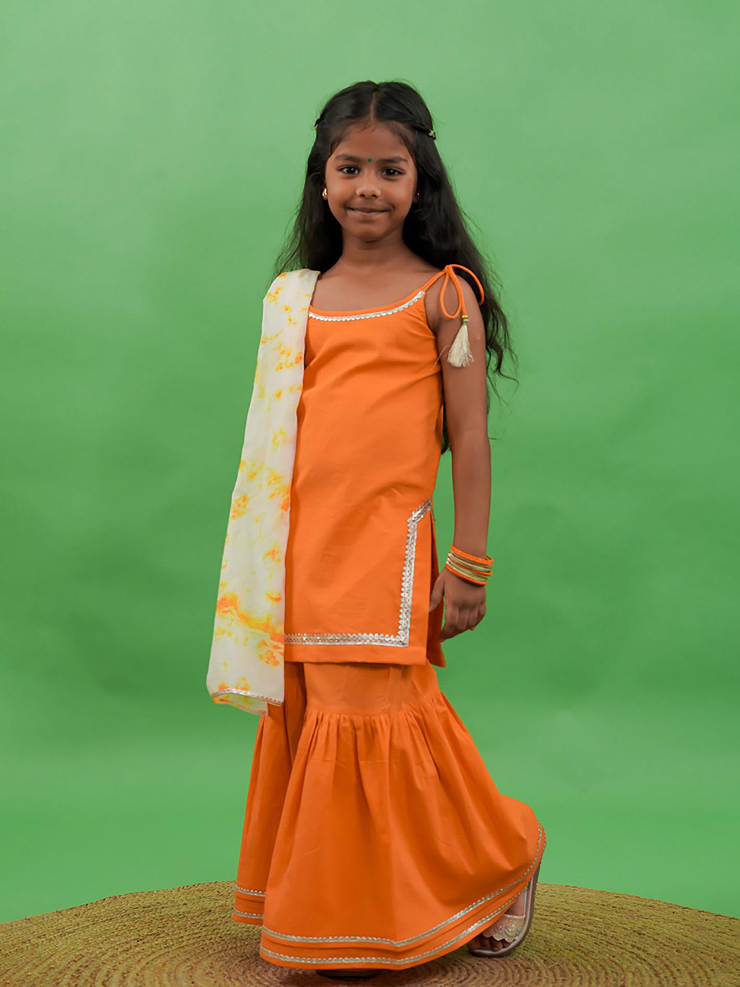 girls straight strappy sharara gotapatti - orange (set of 3)