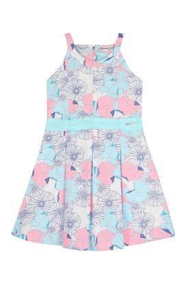 girls strappy neck floral printed pleated dress - blue