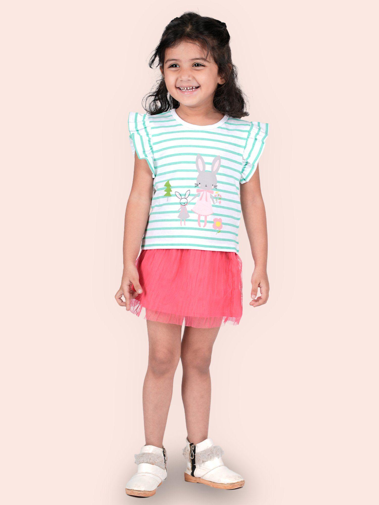 girls striped cotton top with skirt (set of 2)