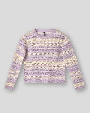 girls striped crochet crew-neck sweater