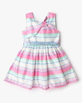 girls striped fit & flare dress with tie-up