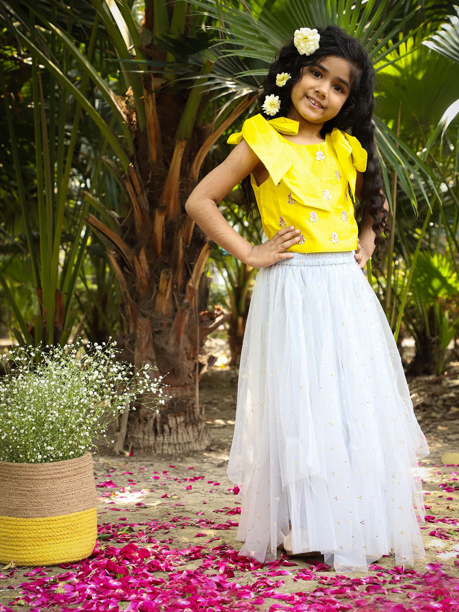 girls stylish printed choli with ghaghra set-yellow