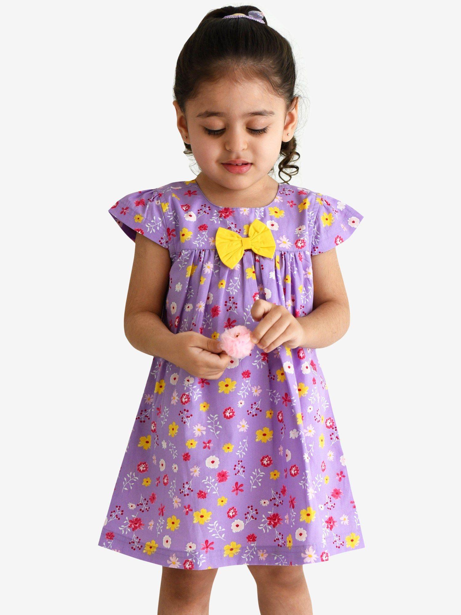 girls suzy dress with bow floral print purple yellow