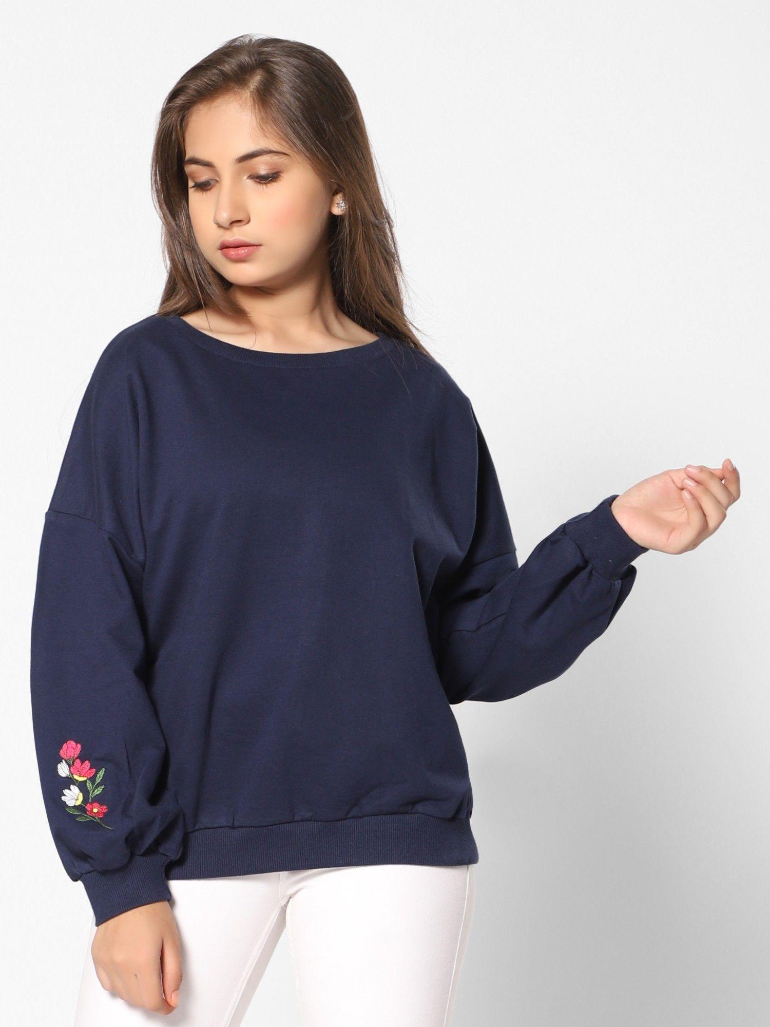 girls sweat top flower on sleeves embroidery navy