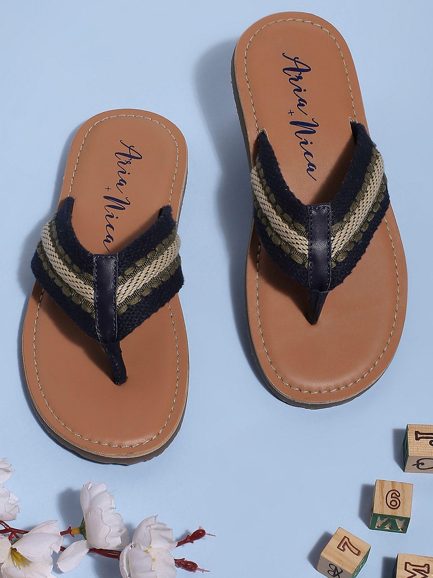 girls tan and navy blue comfort flipflops