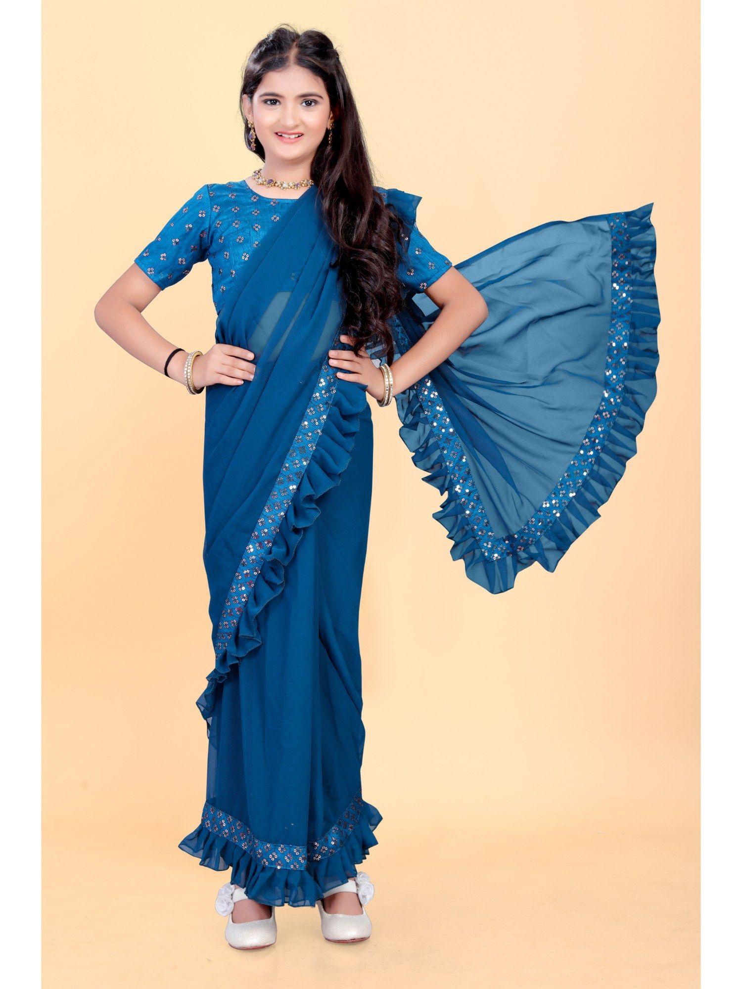 girls teal pre-stitched saree with embellished unstitched blouse