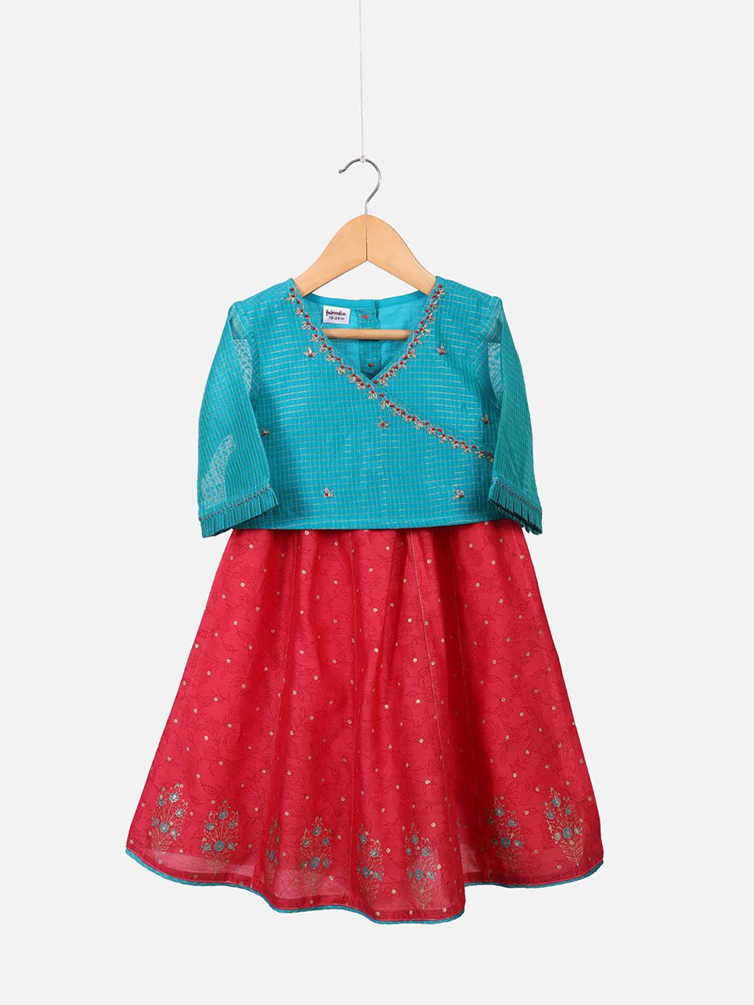 girls teal printed lehenga set