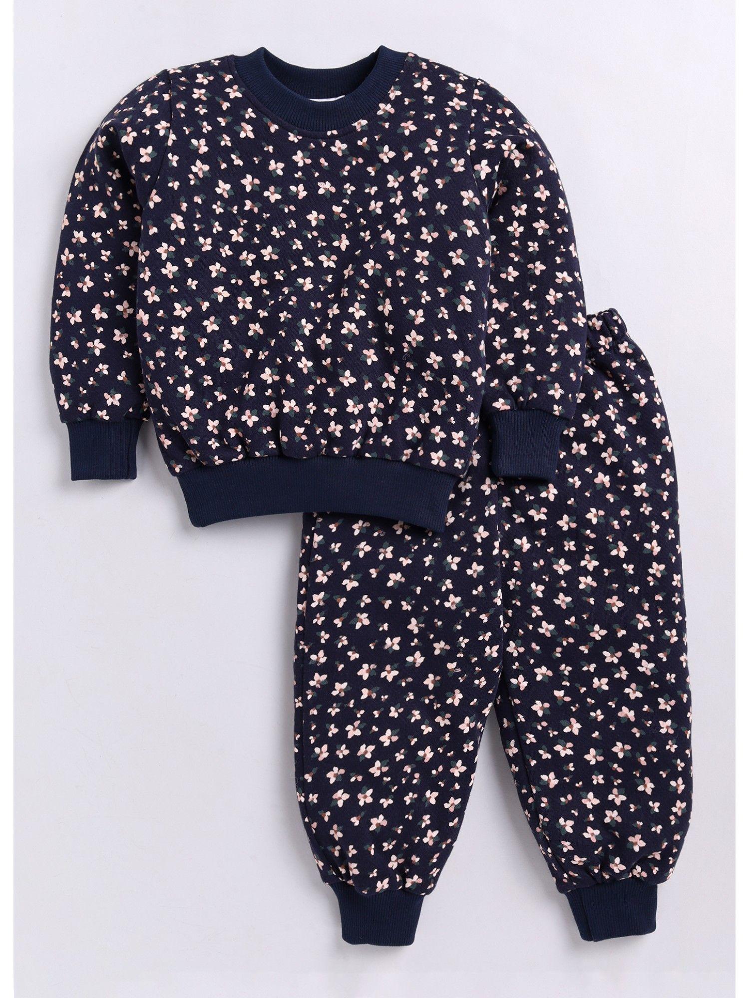 girls terry floral printed winter tracksuit navy blue (set of 2)
