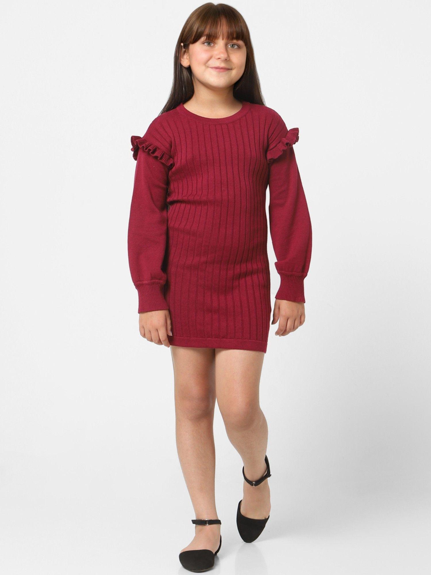 girls textured casual maroon dress