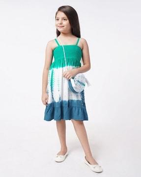 girls tie & dye print fit & flare dress with bag