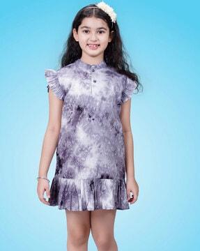 girls tie & dye shift dress with ruffled detail