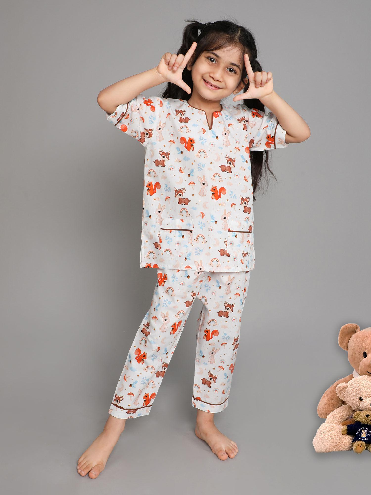 girls top half sleeve paired with printed pyjama white (set of 2)