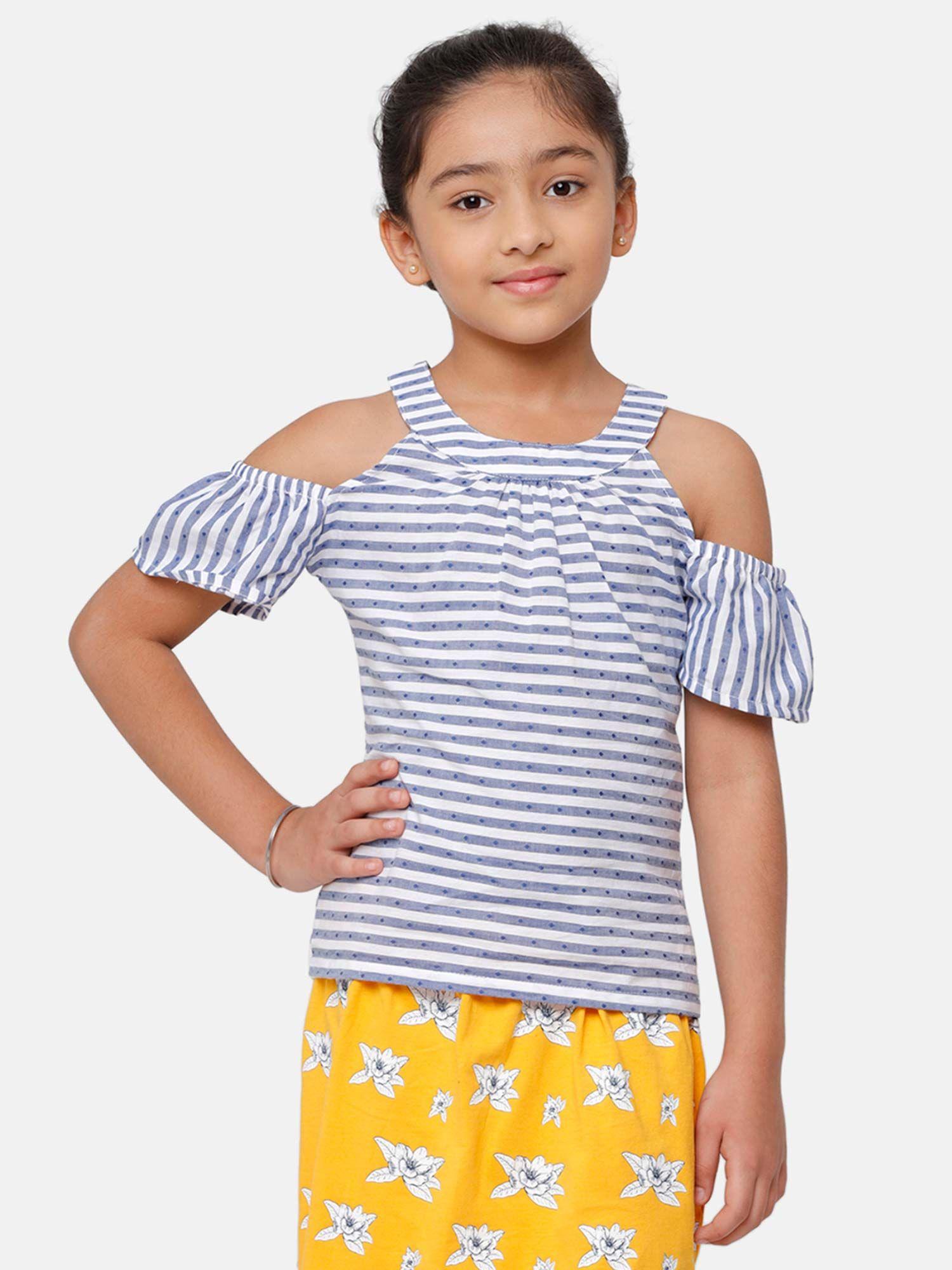 girls top woven top yarn dyed cotton navy blue
