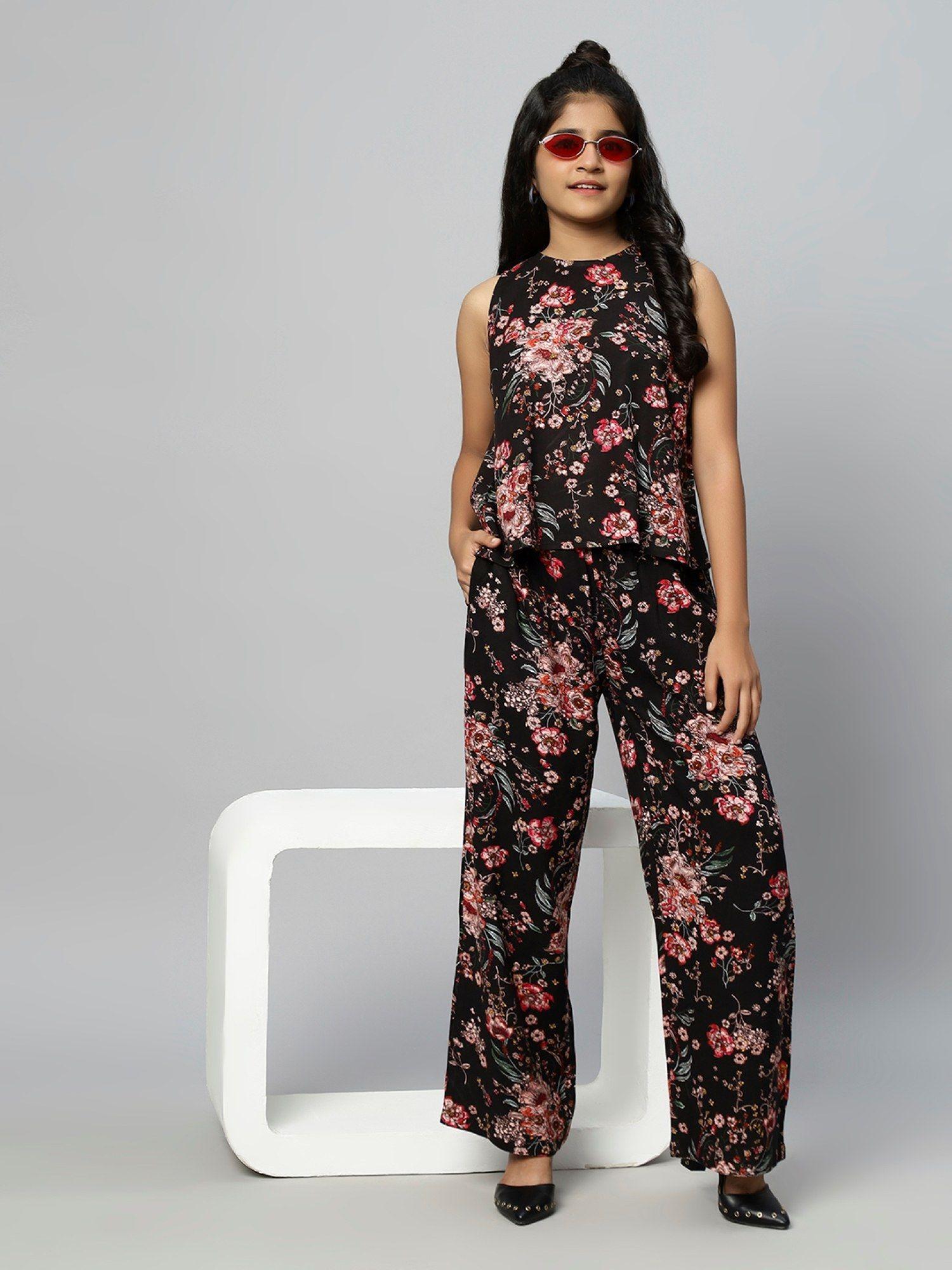 girls tropical print co-ord -black (set of 2)