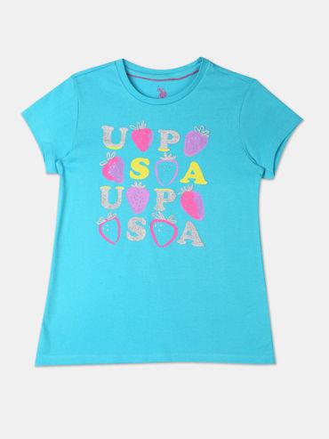 girls turquoise round neck brand print t-shirt