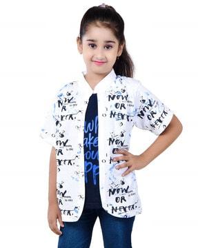 girls typographic print front-open shrug with t-shirt