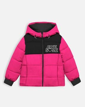 girls typographic print hooded puffer jacket