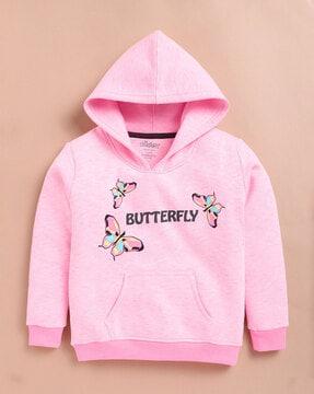 girls typographic printed hoodie with kangaroo pockets