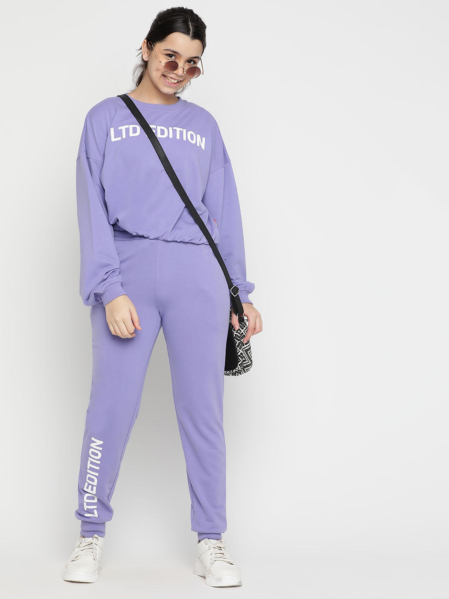 girls typography cotton looper track suits - lavender (set of 2)