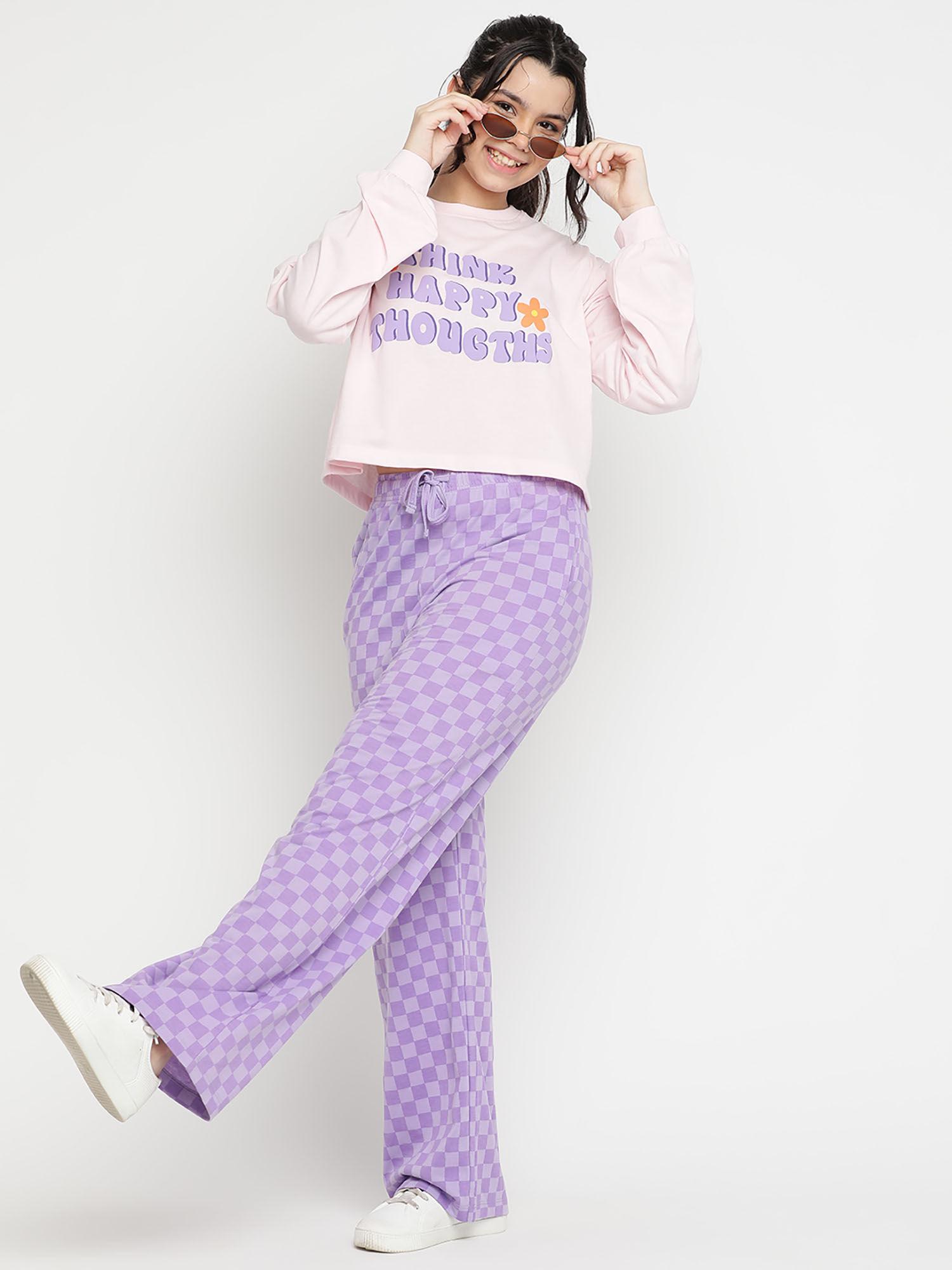 girls typography cotton night suits - purple (set of 2)