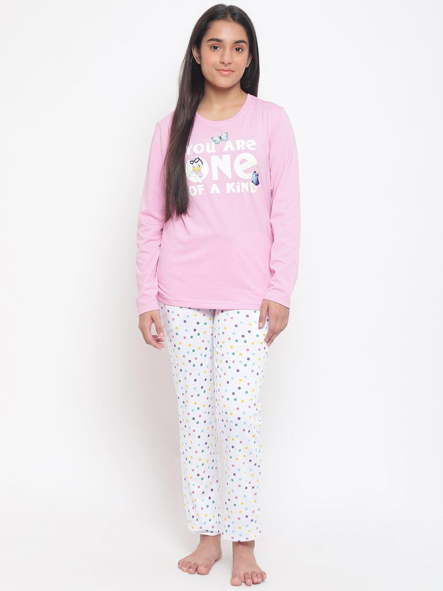 girls typography cotton night suits pink (set of 2)