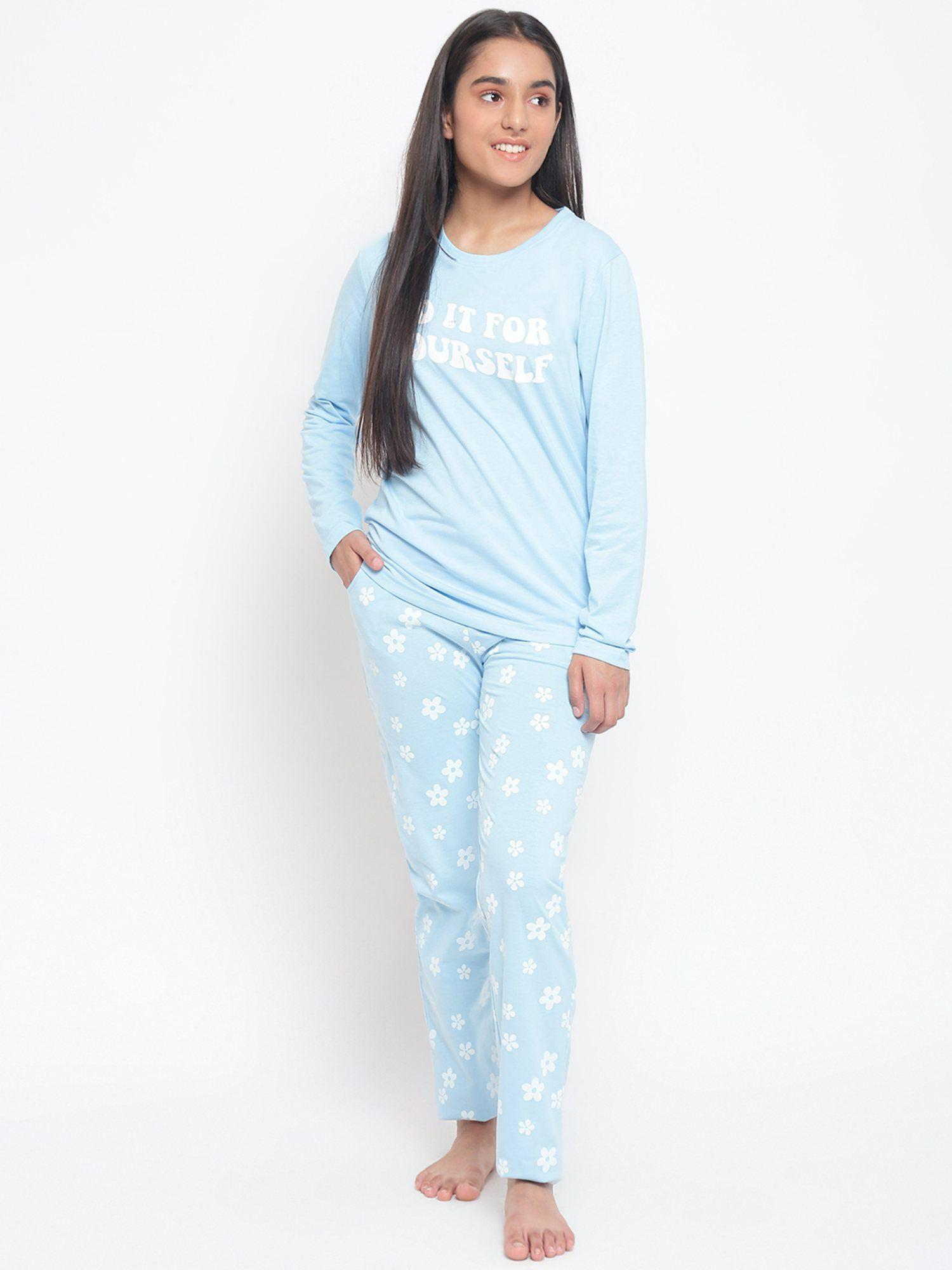 girls typography cotton night suits sky (set of 2)