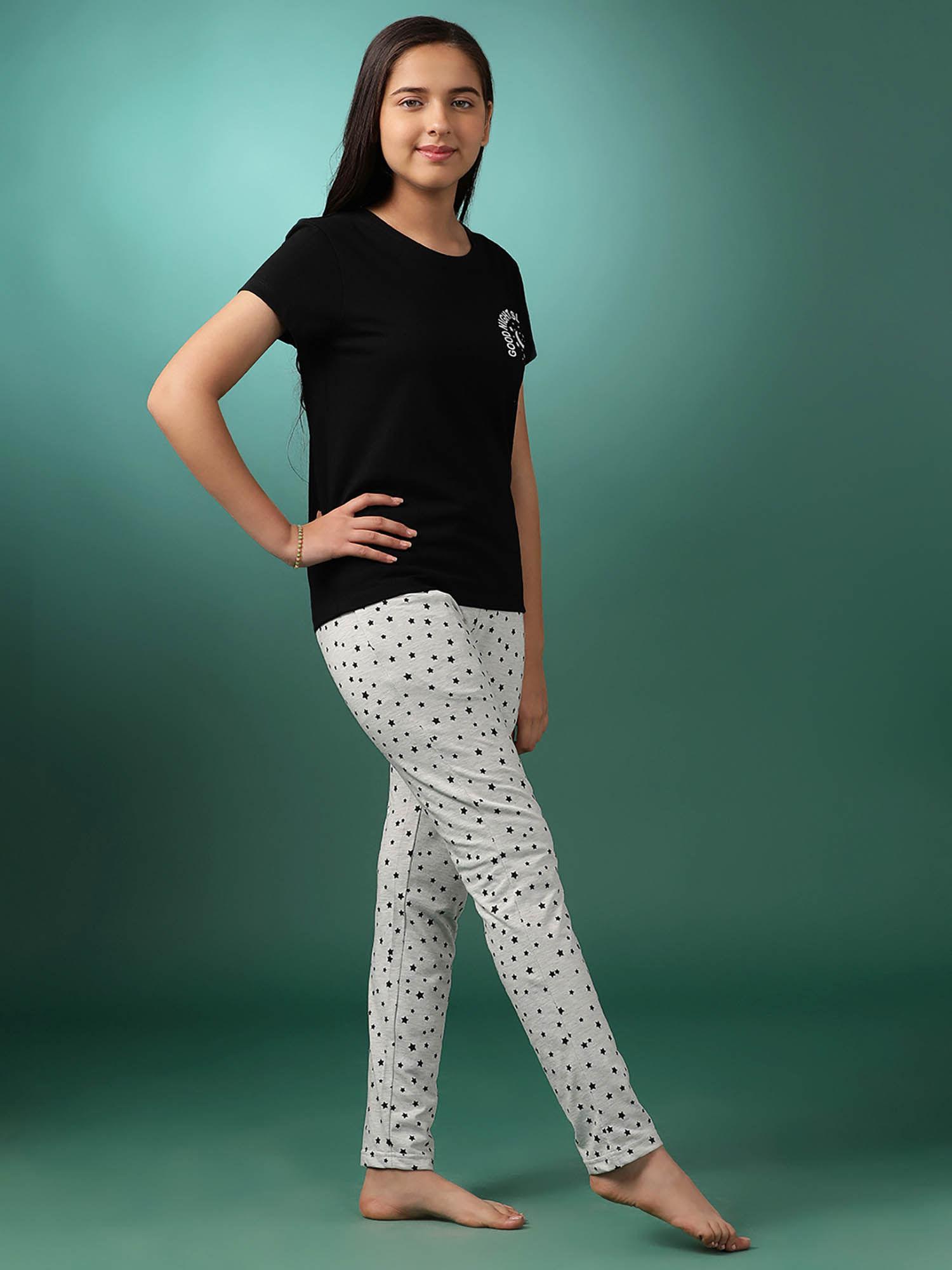 girls typography cotton t-shirt and pyjama - black (set of 2)