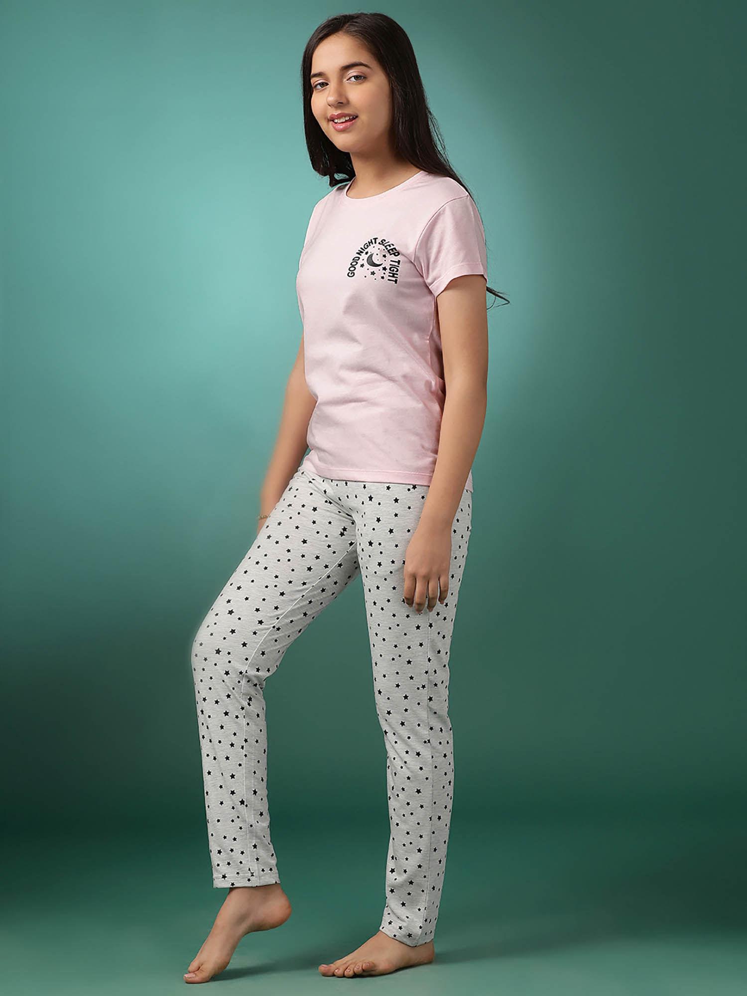 girls typography cotton t-shirt and pyjama - pink (set of 2)