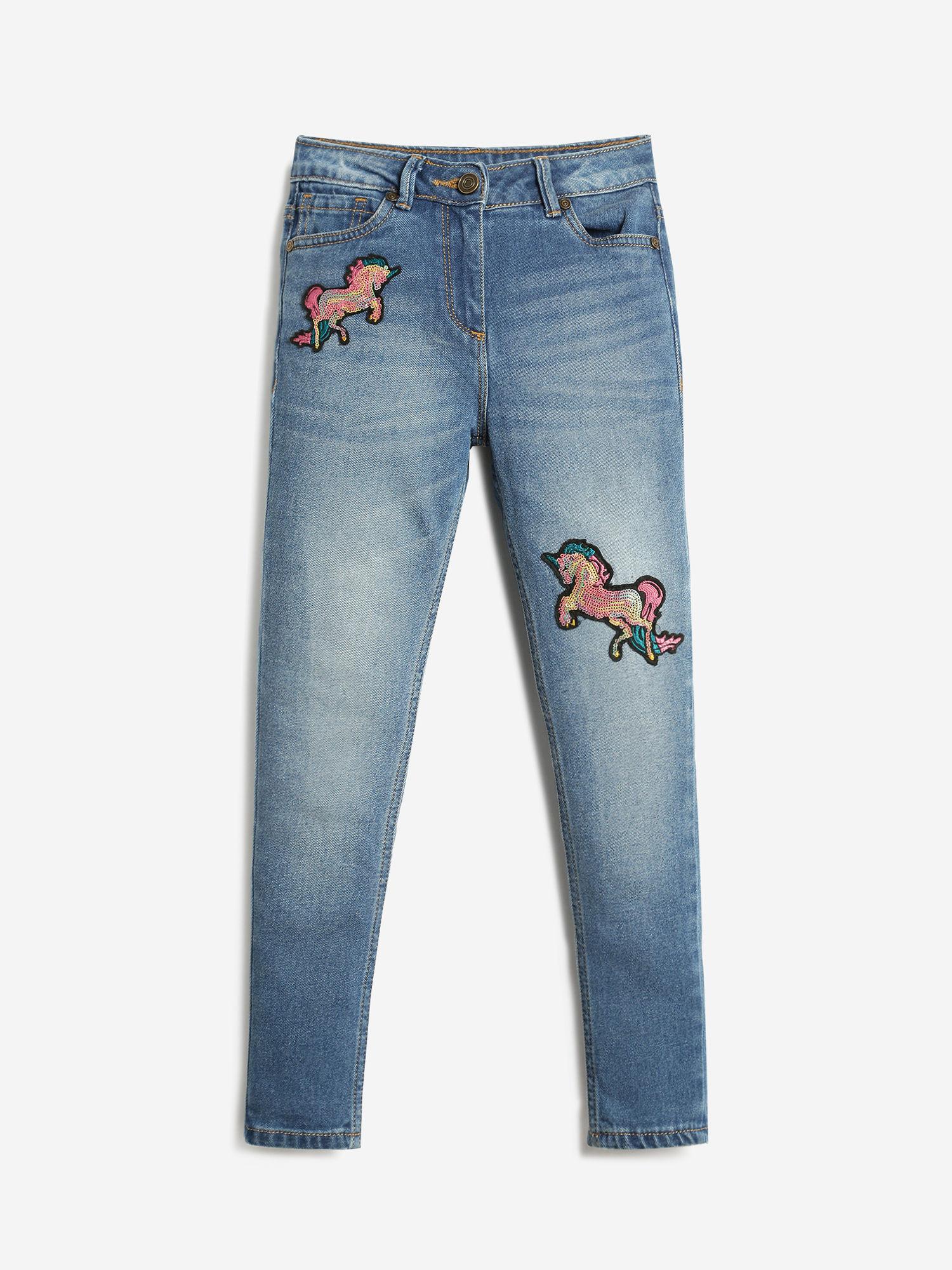 girls unicorn patched denim jeans - medium blue