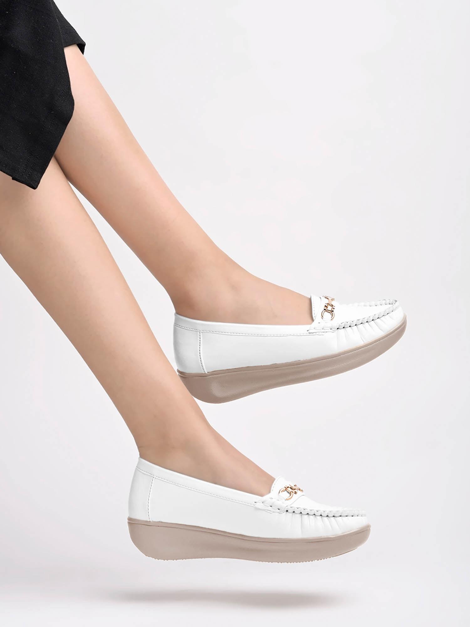 girls upper metalic buckle detailed white loafers