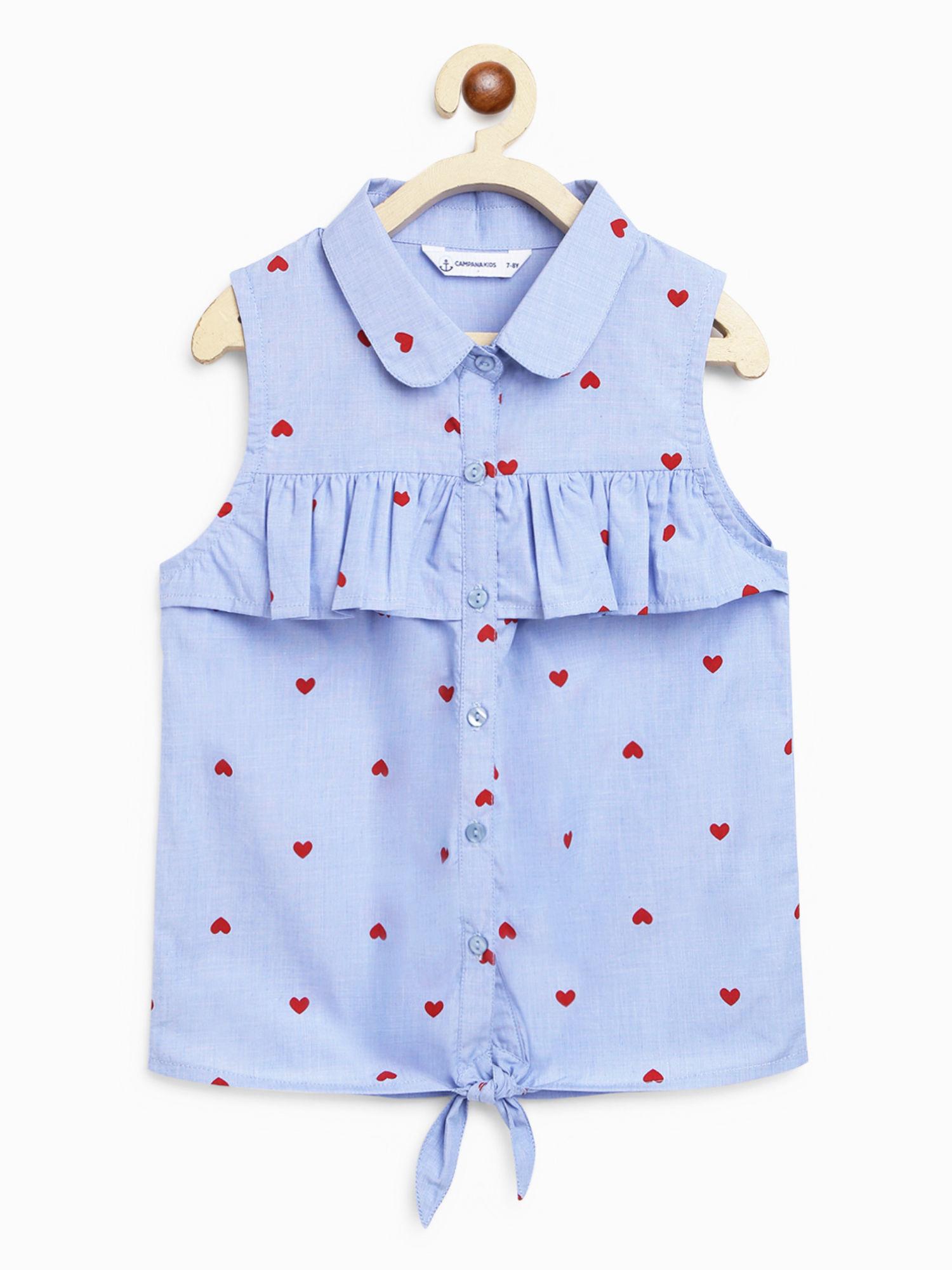 girls vickie shirt style cotton top - heart print - blue