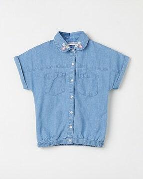 girls washed regular fit shirt with patch pockets