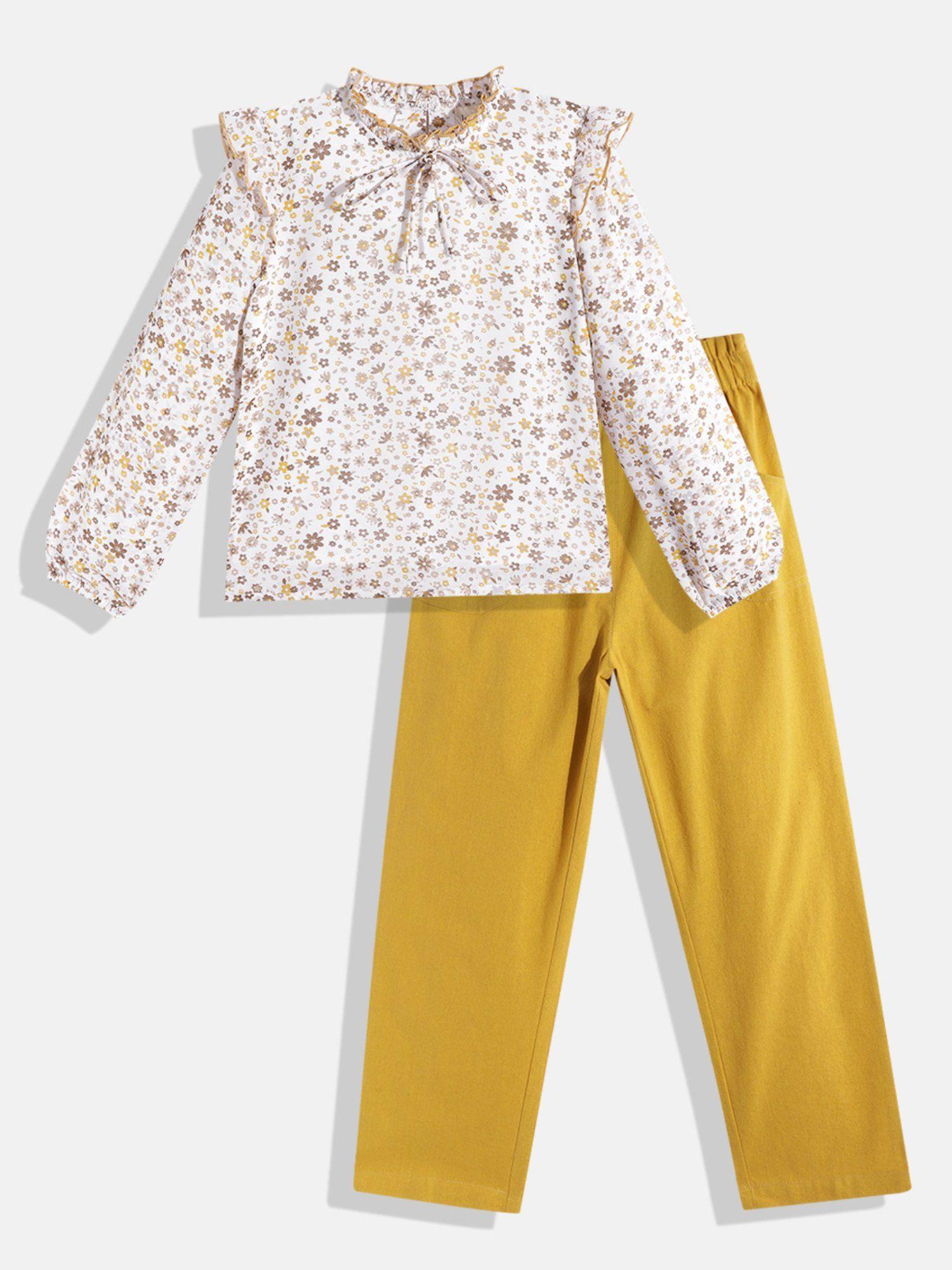 girls white & mustard yellow pure cotton printed top with trousers (set of 2)