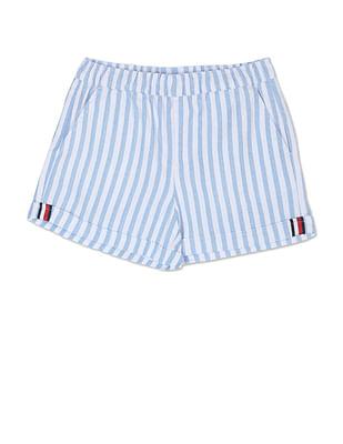 girls white and blue elasticised waist vertical stripe shorts
