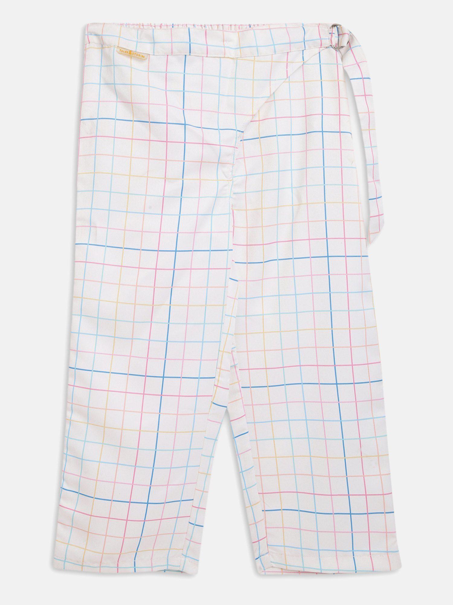girls white cotton poly regular fit checks trousers