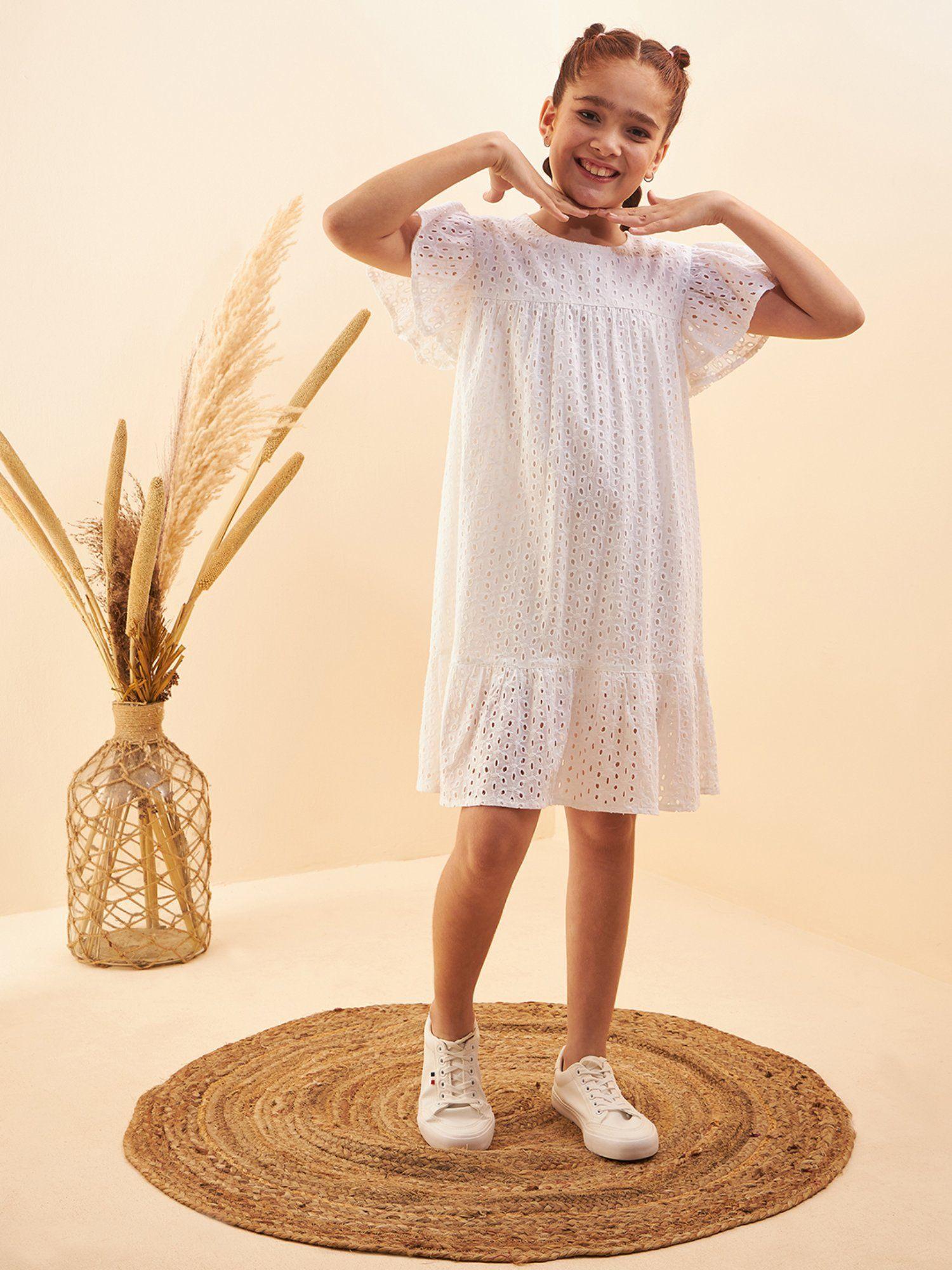 girls white empire knee length dress