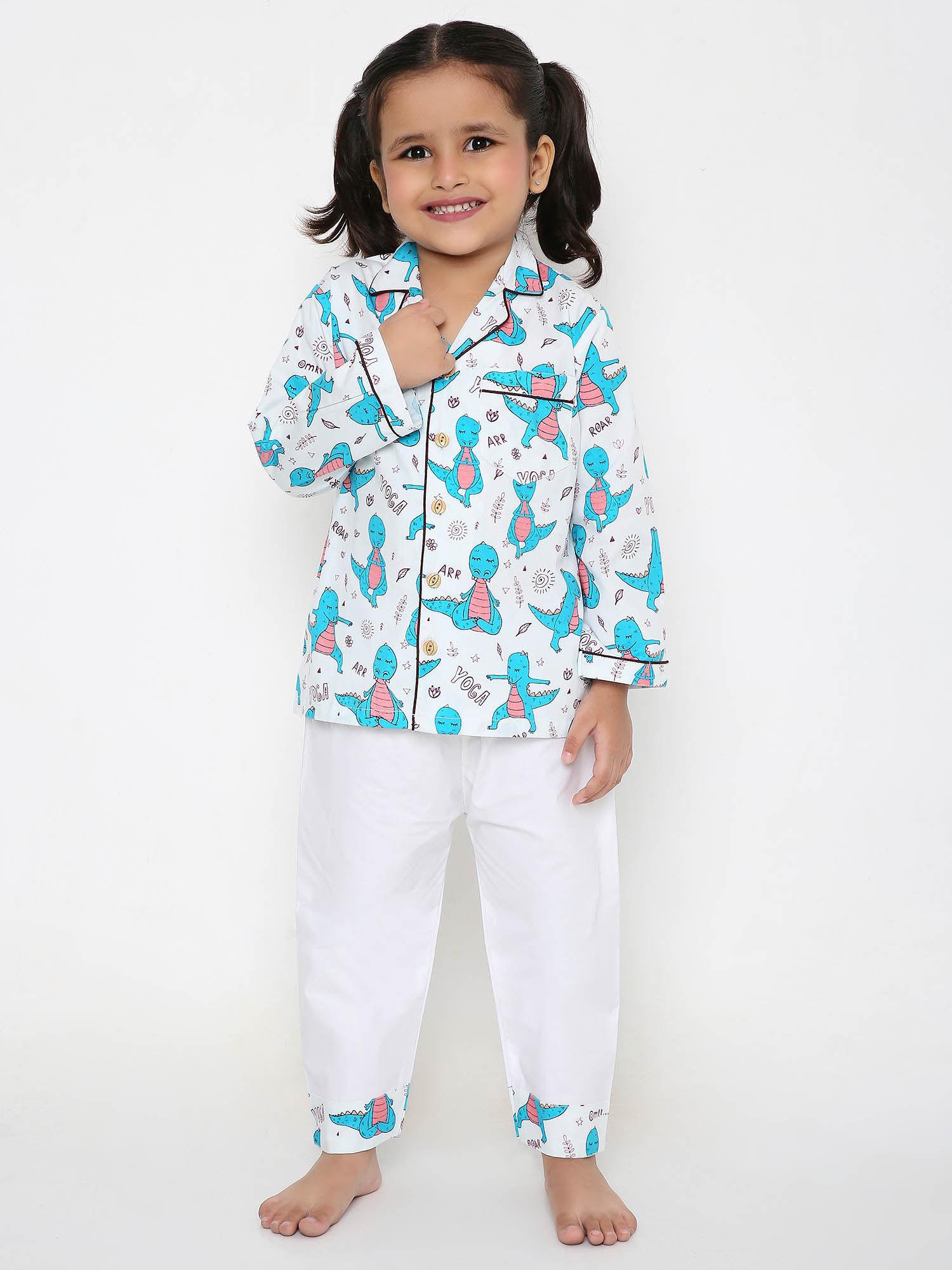 girls white printed full sleeves shirt with pyjama (set of 2)