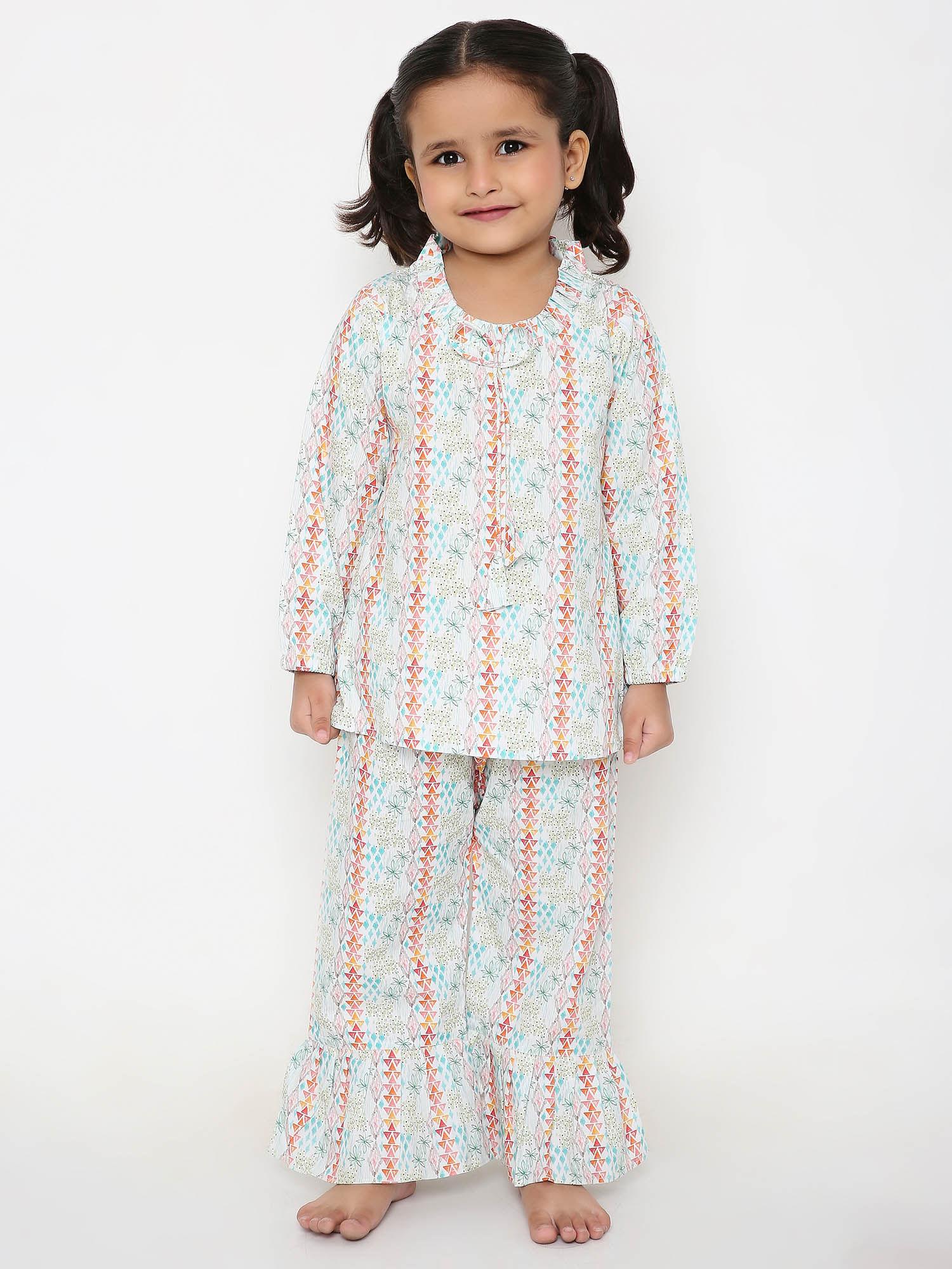 girls white printed top with ruffled neck & pyjama co ord (set of 2)