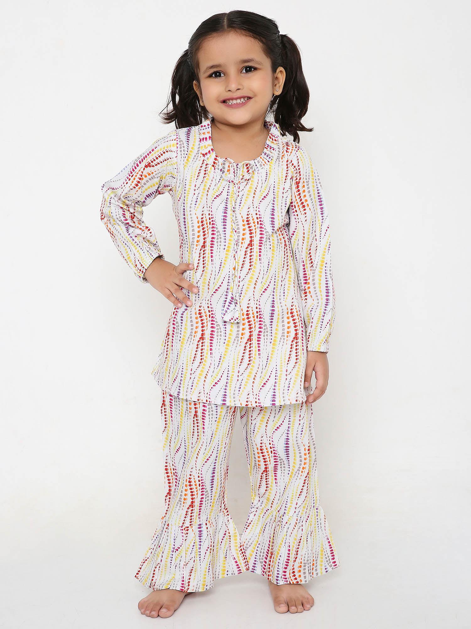 girls white printed top with ruffled neck & pyjama co ord (set of 2)