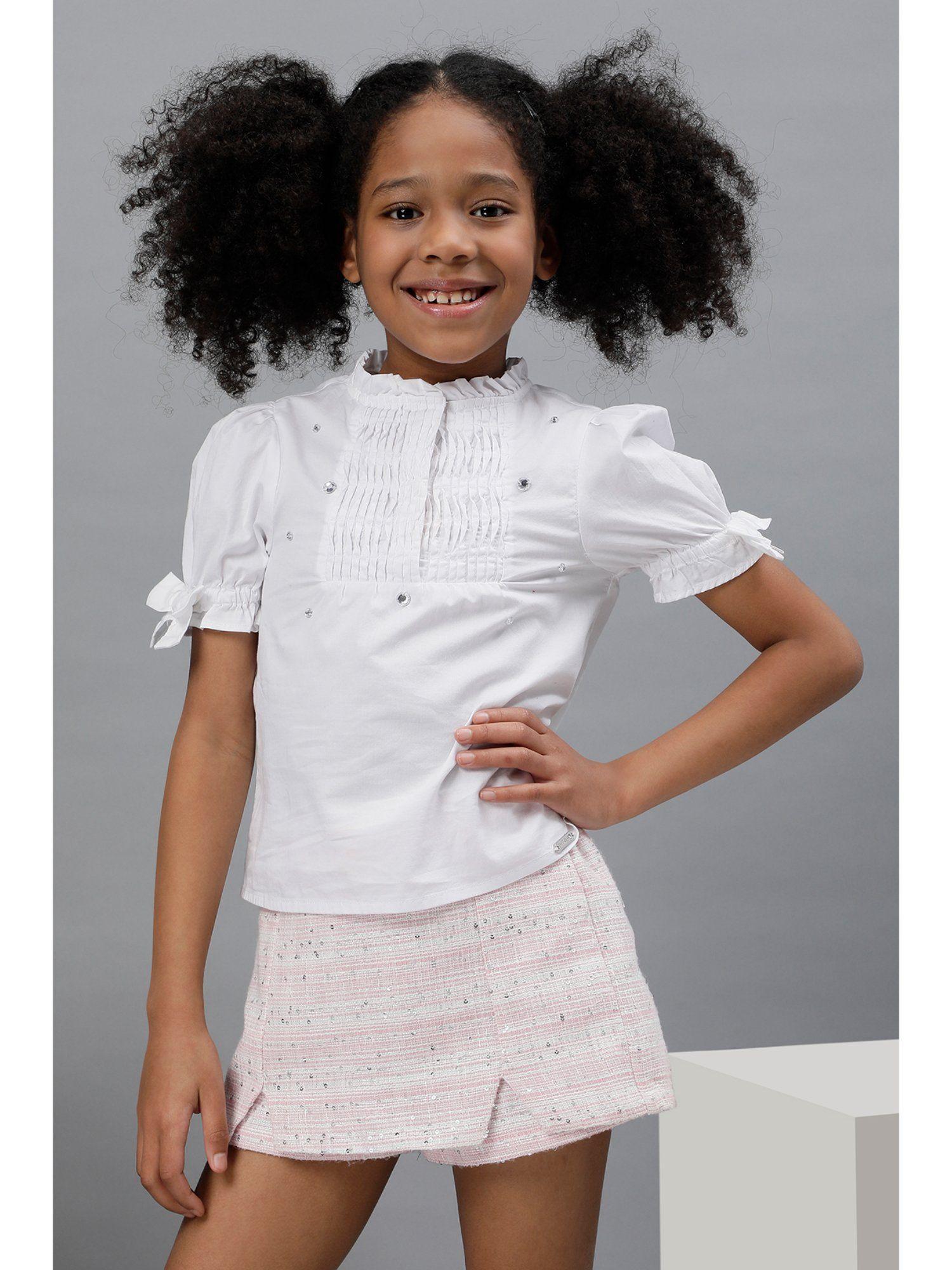 girls white short sleeve top with pin tucks frills