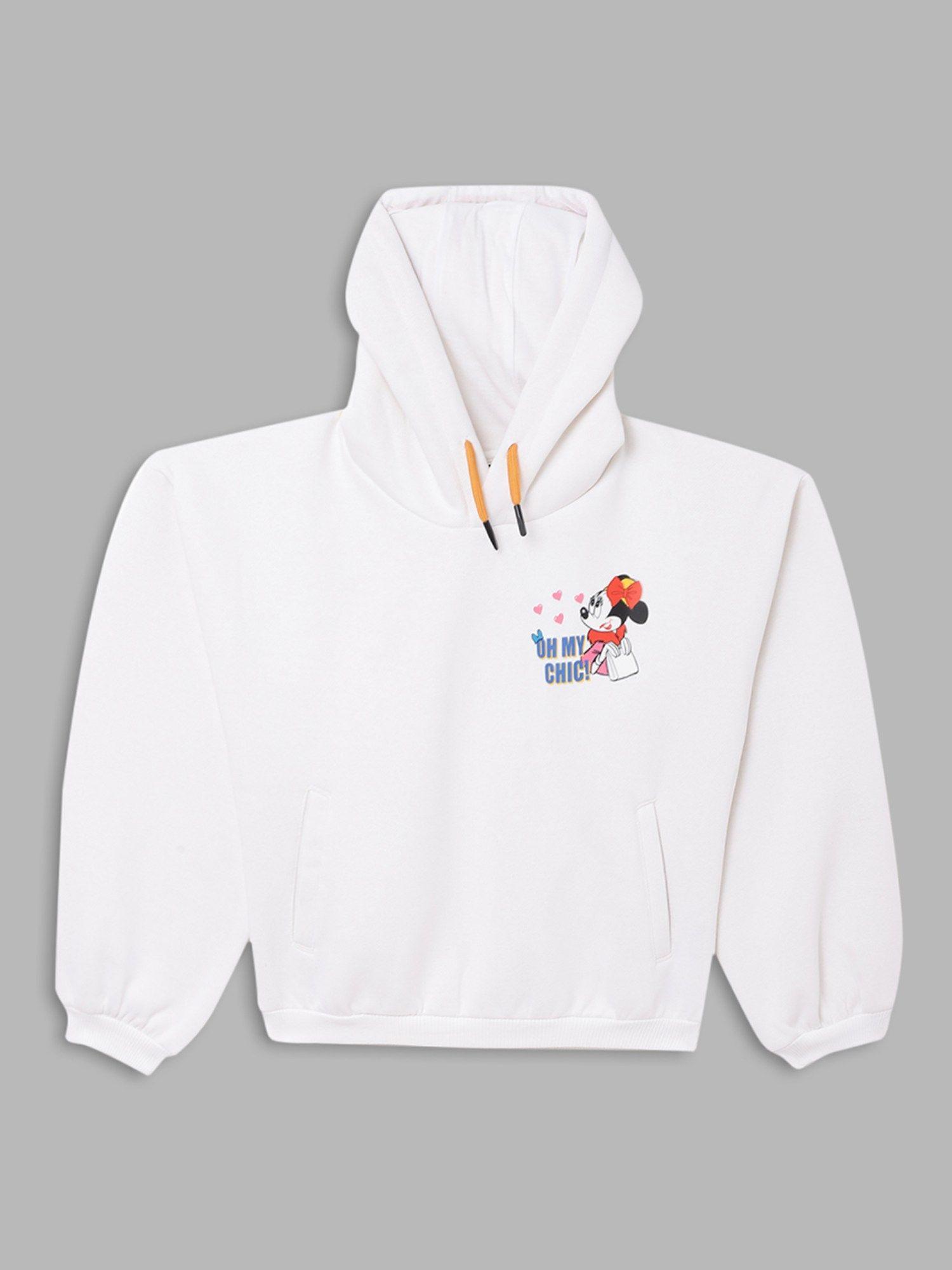 girls white solid hooded full sleeves sweatshirt