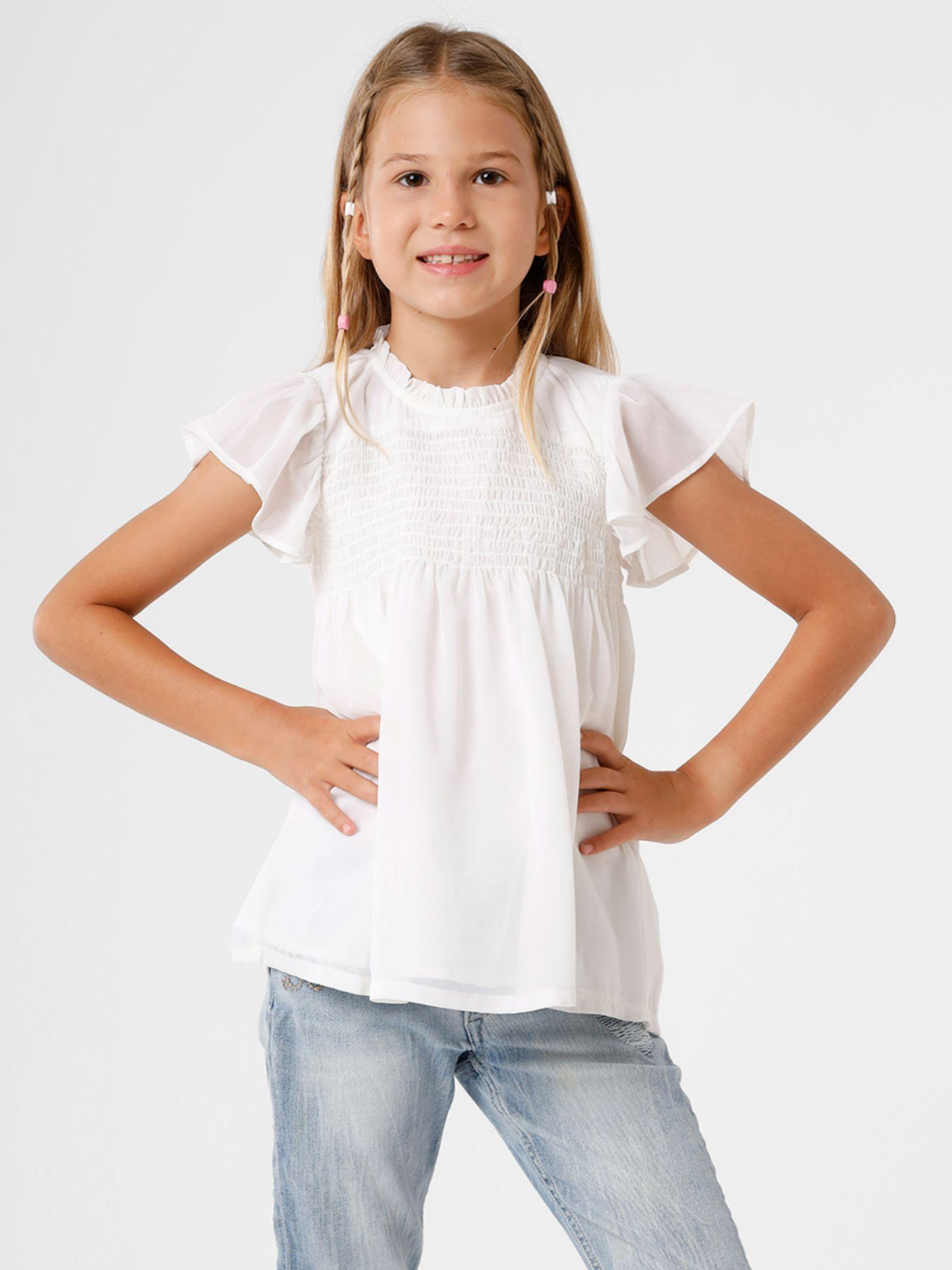 girls white solid top with ruffled neck